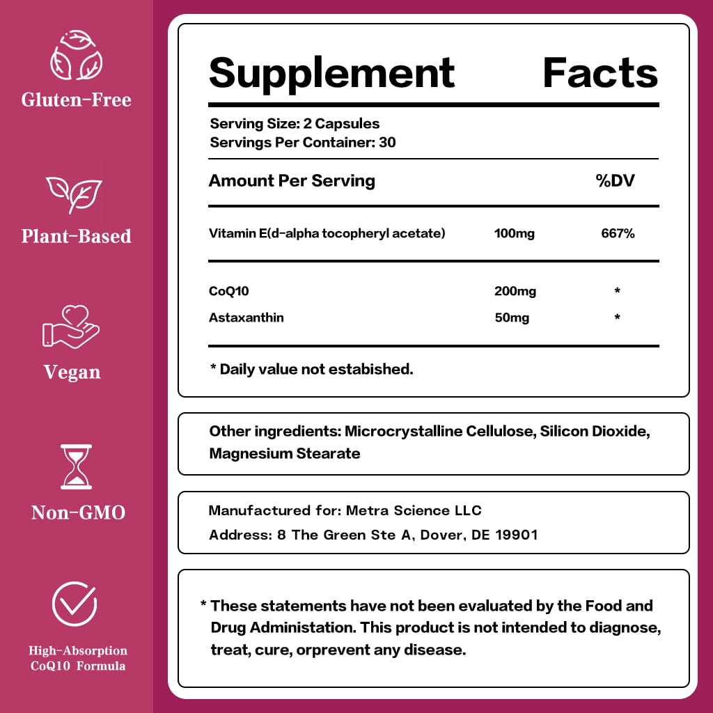 HOPE LIFE Coenzyme Q10 Supplements - 2X Better Absorption, Cellular Energy Support with Astaxanthin and Vitamin E, Antioxidant for Heart Health & Energy Production, 1 Month Supply, 60 Capsules