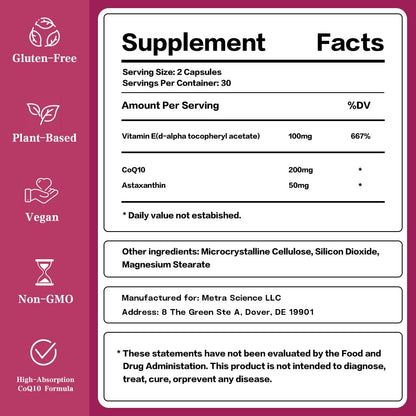 HOPE LIFE Coenzyme Q10 Supplements - 2X Better Absorption, Cellular Energy Support with Astaxanthin and Vitamin E, Antioxidant for Heart Health & Energy Production, 1 Month Supply, 60 Capsules