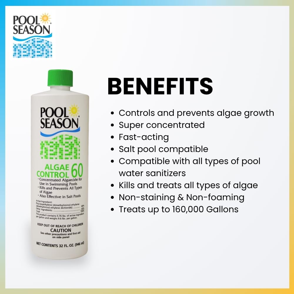 Pool Season Algaecide 60 | Polyquat 60 Non-Foaming Swimming Pool Algaecide | Pro-Grade Algae Killer & Preventative for Green, Black & Mustard Algae | Safe for Chlorine & Saltwater Pools – 1 Quart