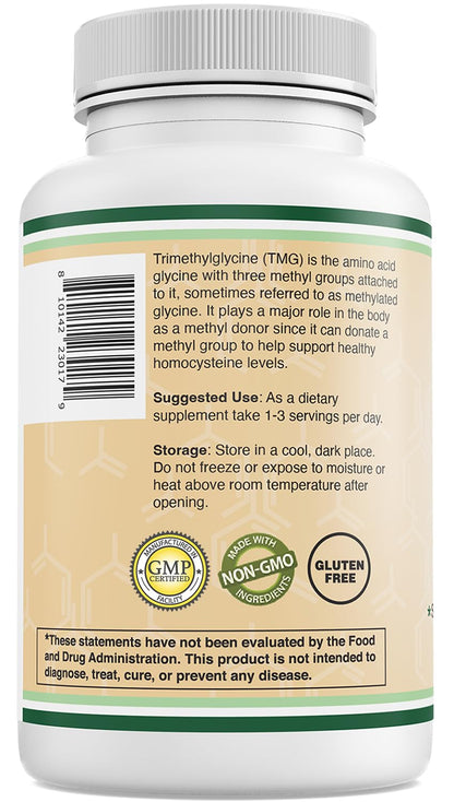 Double Wood Supplements TMG Trimethylglycine Supplement 1,000mg Per Serving, 180 Capsules (TMG Supplements for Homocysteine Control) Genuine TMG with Fishy Smell, Gluten Free, Non-GMO