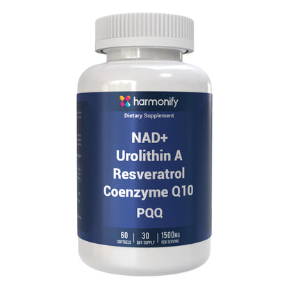 HARMONIFY Urolithin A NAD+ Resveratrol CoQ10 PQQ Blend Supplement, Liposomal NAD, Extra Strength 1500 mg, 60 Softgels