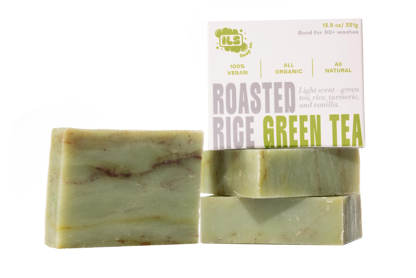 ILS Soap co. Roasted Rice Green Tea (Green Tea, Rice, Turmeric & Vanilla) - All Natural Bar Soap for men - Plant Based, Cold Process and Handmade in the USA for All Skin Types and conditions (3 Pack)
