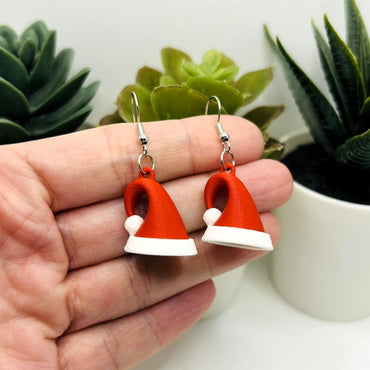 Festive 3D Santa Hat Dangle Earrings, Handmade Plastic Christmas Party Jewelry, Red and White, Lightweight, Made in USA