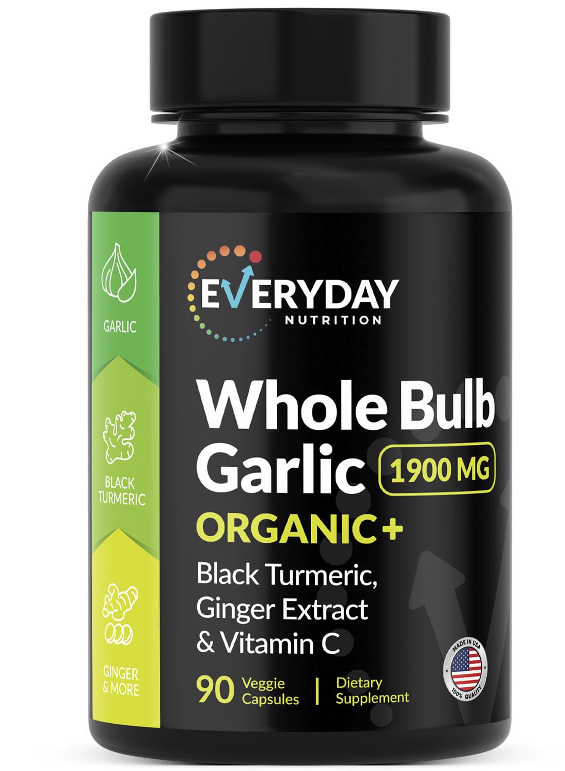 4-in-1 Garlic Supplement with Organic Whole Bulb Garlic, Black Turmeric, Ginger Extract & Vitamin C – Immune Support & Antioxidant Supplement – High Potency Vegan Formula – Made in USA – 90 Capsules