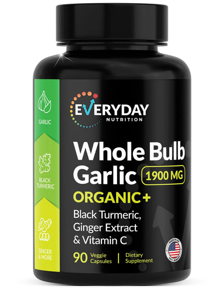 4-in-1 Garlic Supplement with Organic Whole Bulb Garlic, Black Turmeric, Ginger Extract & Vitamin C – Immune Support & Antioxidant Supplement – High Potency Vegan Formula – Made in USA – 90 Capsules