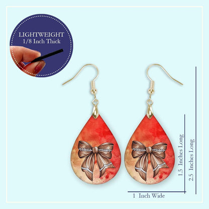 Football Dangle Earrings Coquette Bow Teardrop Hypoallergenic Stainless Steel Double-Sided Design Red and Gold Handmade by The Painted Pug