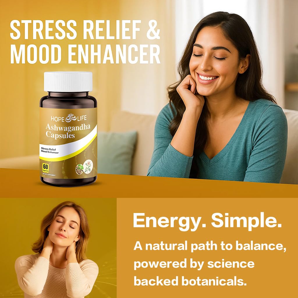 HOPE LIFE Herbal Mood & Sleep Support - Contains Ashwagandha, Spearmint Ext, GABA, Casein Protein Peptide, L-Theanine, Ginger Oil, Black Pepper Extract - Non-GMO, Soy-Free & Gluten-Free, 60 Capsules