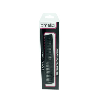Amelia Beauty, 7in Black Plastic Wide Tooth Tease Comb, Made in USA, Professional Grade Pocket Hair Comb, Wet, Tangled Hair, Flip to Lift, Tease, Everyday Styling Cutting Hair Styling Tool, 2 Pack