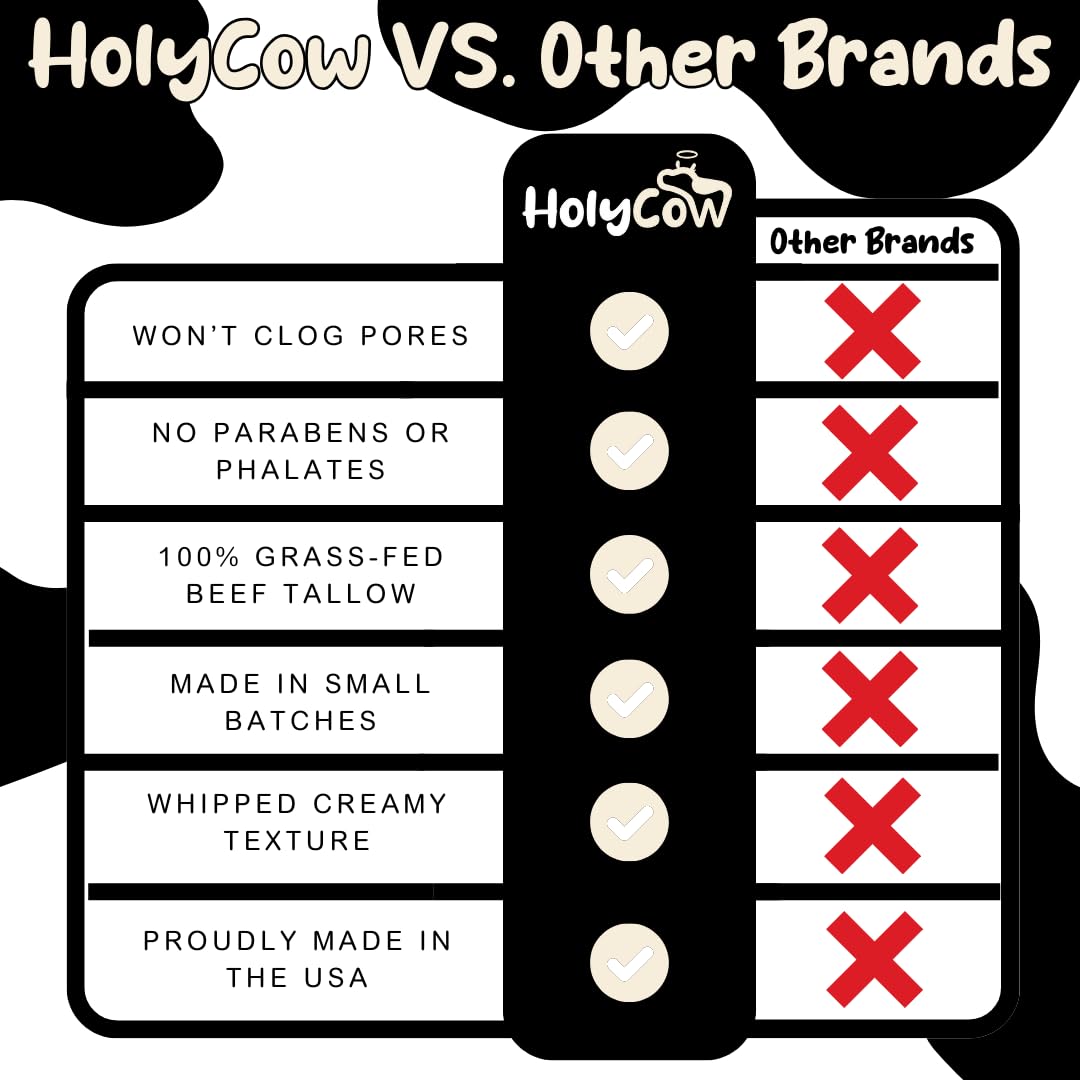 HolyCow Beef Tallow For Skin - Whipped Tallow Balm with Organic Jojoba Oil, Grass Fed Beef Tallow Face Moisturizer for Eczema, Baby, Lip Balm - Lotion For Extremely Dry Skin (Vanilla Bean)