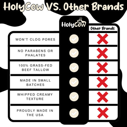 HolyCow Beef Tallow For Skin - Whipped Tallow Balm with Organic Jojoba Oil, Grass Fed Beef Tallow Face Moisturizer for Eczema, Baby, Lip Balm - Lotion For Extremely Dry Skin (Vanilla Bean)