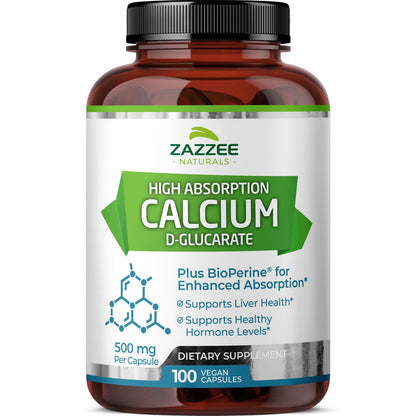 Zazzee High Absorption Calcium D-Glucarate, 500 mg per Capsule, 3 mg BioPerine for Enhanced Absorption, 100 Vegan Capsules, Plus Broccoli 10:1 Extract, 100% Vegetarian, CDG, All-Natural and Non-GMO