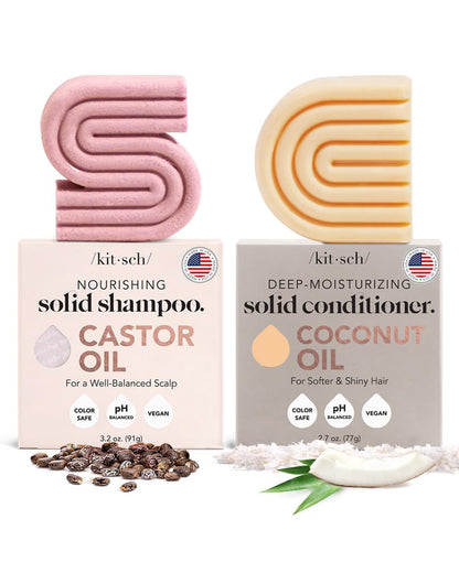 Kitsch Castor Oil Shampoo Bar & Coconut Oil Conditioner Bar – Nourishing Shampoo and Conditioner Set for Dry, Damaged Hair – Strengthening Hair Care, Hydrating & Deep-Moisturizing - 2pc set