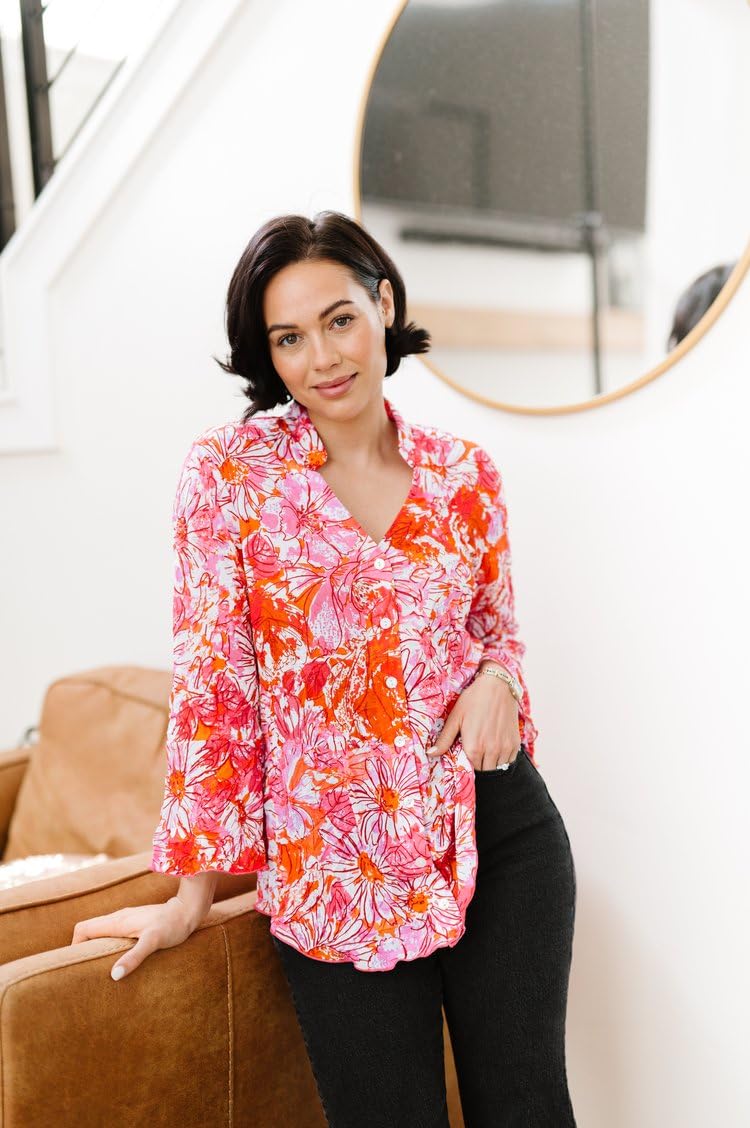 SNO SKINS Spring/Summer Collection Designer Print Crinkle Sweetheart Top with Stand Collar (Pink Passion)