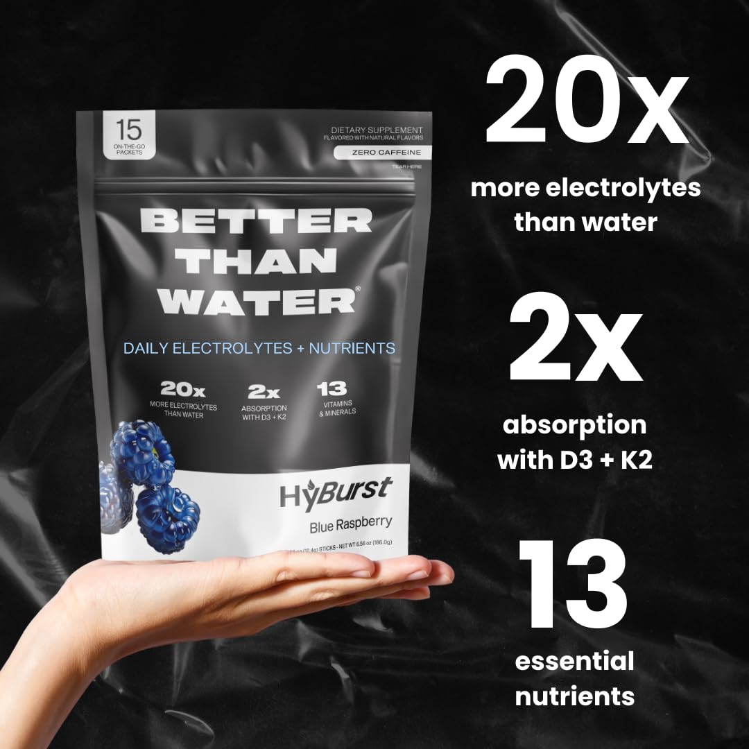 Hyburst Electrolyte & Vitamin Supplement Powder, Drink Mix with B12, L-Theanine, D3, K2, Zinc, Magnesium, Potassium, Supports Calm Focus & Energy, Blue Raspberry, 15 Pack
