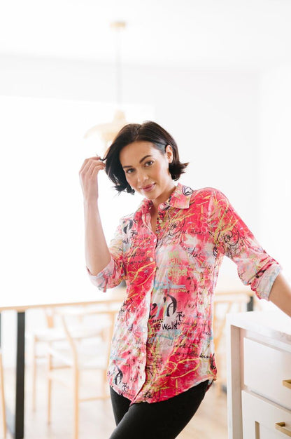 SNO SKINS Spring/Summer Collection Designer Print Crinkle Button-Down Shirt with Tab Sleeves (Graffiti)