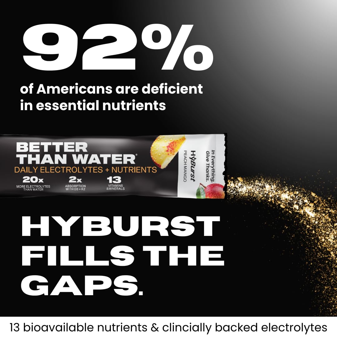 Hyburst Electrolyte & Vitamin Supplement Powder, Drink Mix with B12, L-Theanine, D3, K2, Zinc, Magnesium, Potassium, Supports Calm Focus & Energy, Peach Mango, 15 Pack