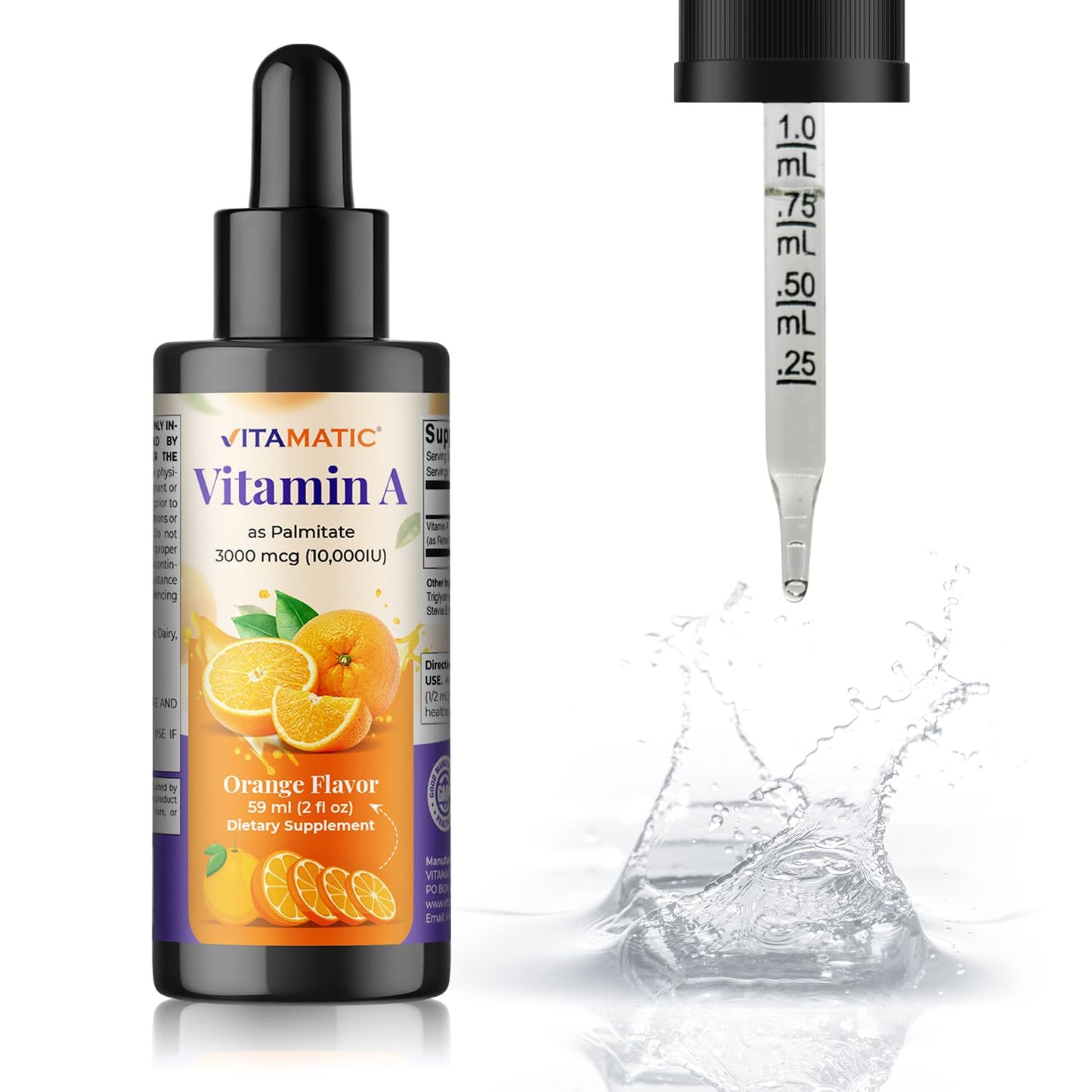 Vitamatic Sugar Free Vitamin A Liquid Drops 10000 IU (3000 mcg) as Retinyl Palmitate - Approximate 4 Months Supply - Immune Support, Eye Health, Skin Health - 2 FL OZ (59 ml)