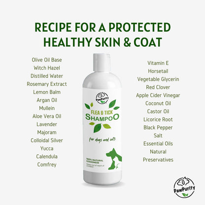 PawPurity Flea/Tick Shampoo, Natural Plant & Mineral-Based Ingredients Only, Improves Dog & Cat Skin & Coat Health, Honeysuckle-Citrus Scent, Eco Friendly Product & Packaging Made in USA (8OZ)