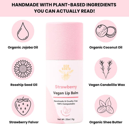 Strawberry Scented Lip Balm 2 Pack - Vegan and Organic Lip Moisturizer - Cruelty-Free, Eco-Friendly - Made in USA with Compostable Packaging - Artfully Crafted Lip Balm Set
