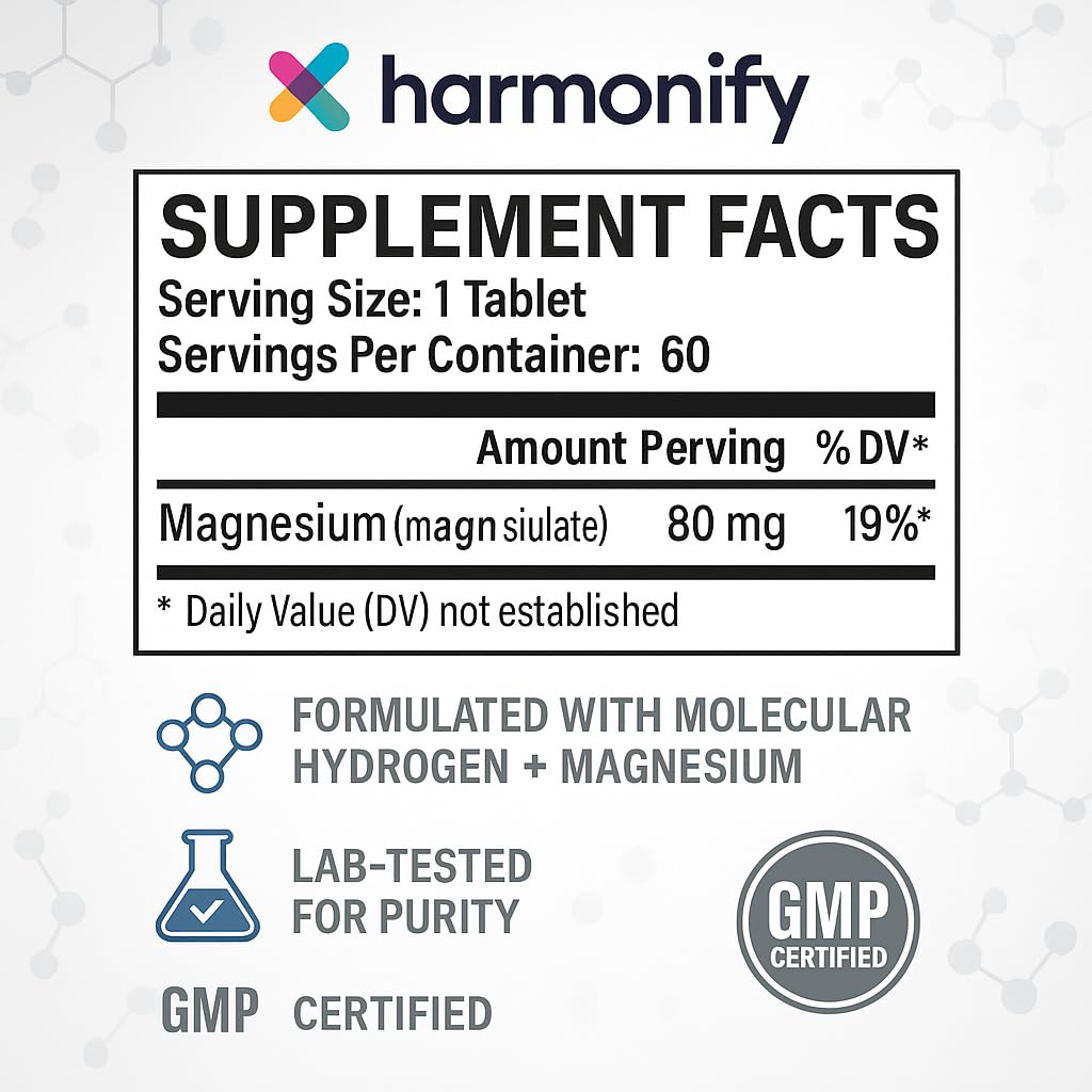 HARMONIFY Hydrogen Water Tablets for Drinking Water - Molecular Hydrogen + Magnesium for Cellular Health, Antioxidant Support & Energy - 60 H2 Tabs