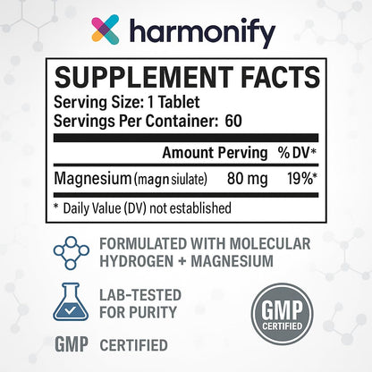 HARMONIFY Hydrogen Water Tablets for Drinking Water - Molecular Hydrogen + Magnesium for Cellular Health, Antioxidant Support & Energy - 60 H2 Tabs