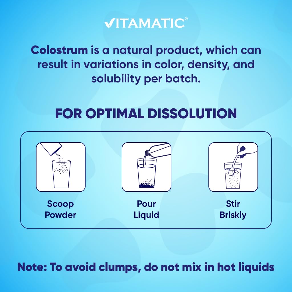 Vitamatic Bovine Colostrum Powder - Supplement for Gut Health, Hair Growth, Beauty, Muscle Recovery, & Immune Support - Easy to Mix - 30 Servings (Unflavored) (30 Servings, Unflavored)