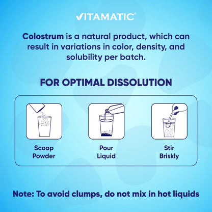 Vitamatic Bovine Colostrum Powder - Supplement for Gut Health, Hair Growth, Beauty, Muscle Recovery, & Immune Support - Easy to Mix - 30 Servings (Unflavored) (30 Servings, Unflavored)