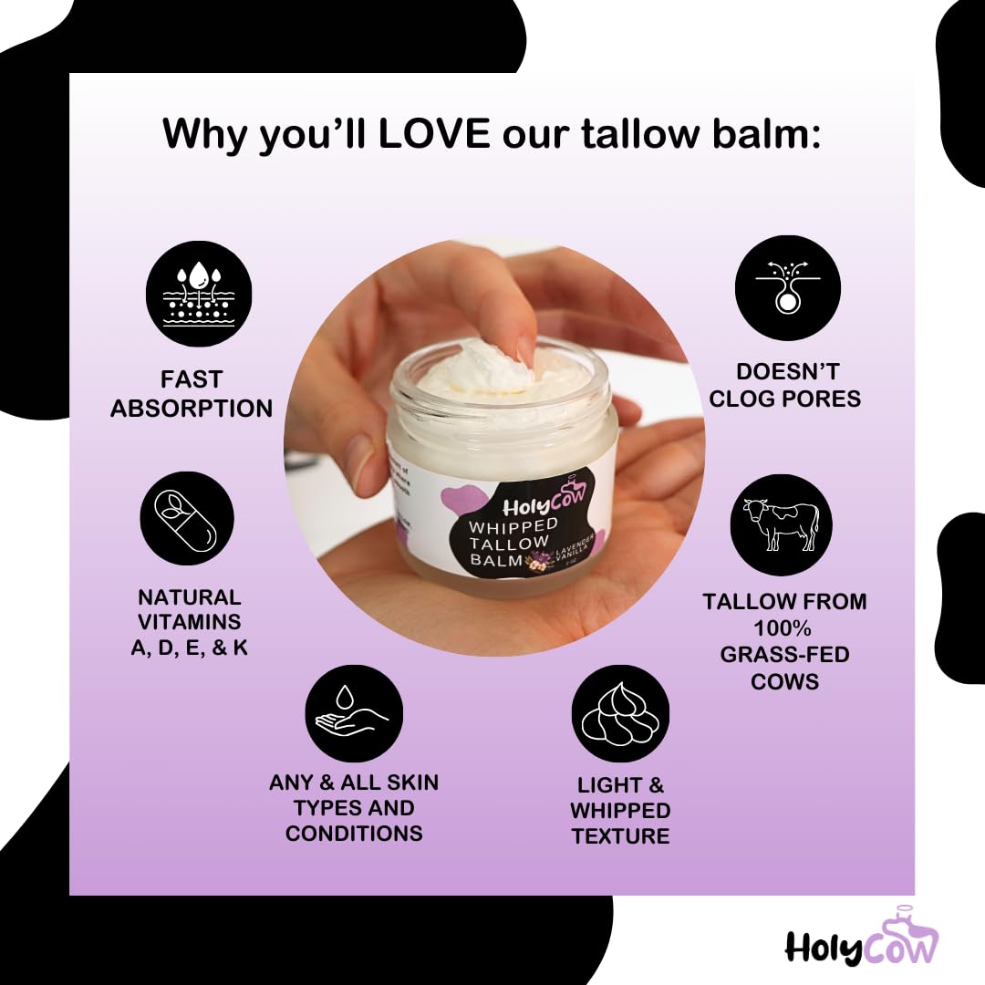 HolyCow Beef Tallow For Skin - Whipped Tallow Balm with Organic Jojoba Oil, Grass Fed Beef Tallow Face Moisturizer for Eczema, Baby, Lip Balm - Lotion For Extremely Dry Skin (Lavender Vanilla)