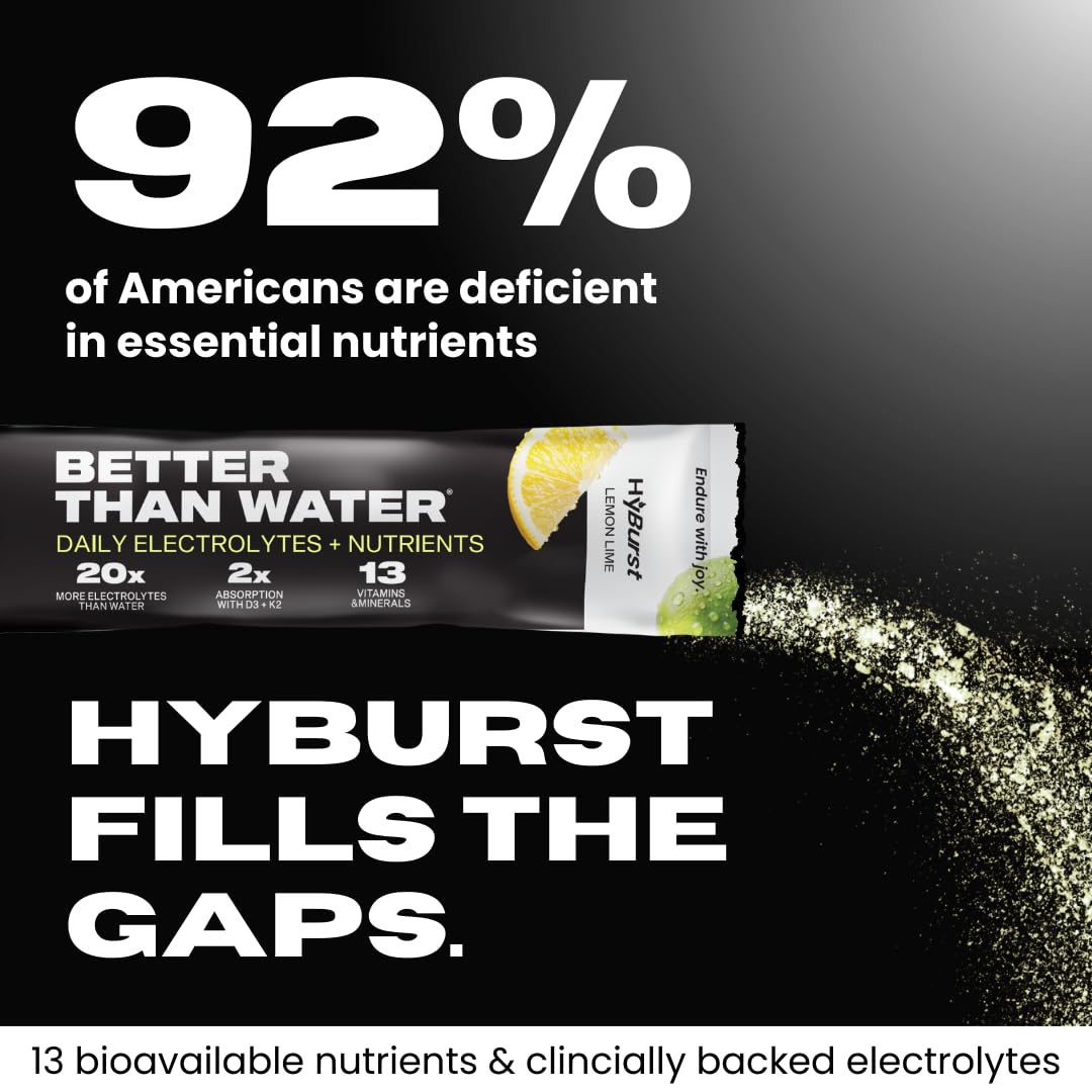 Hyburst Electrolyte & Vitamin Supplement Powder, Drink Mix with B12, L-Theanine, D3, K2, Zinc, Magnesium, Potassium, Supports Calm Focus & Energy, Lemon Lime, 15 Pack