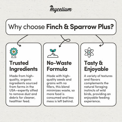 Mycelium Organic Finch & Sparrow Plus Feed (5 LB Bag) | High-Protein, Vitamin-Enriched Wild Bird Seed for Finches & Sparrows | Easy to Digest Seeds, Filler-Free | Non-GMO, Made in USA