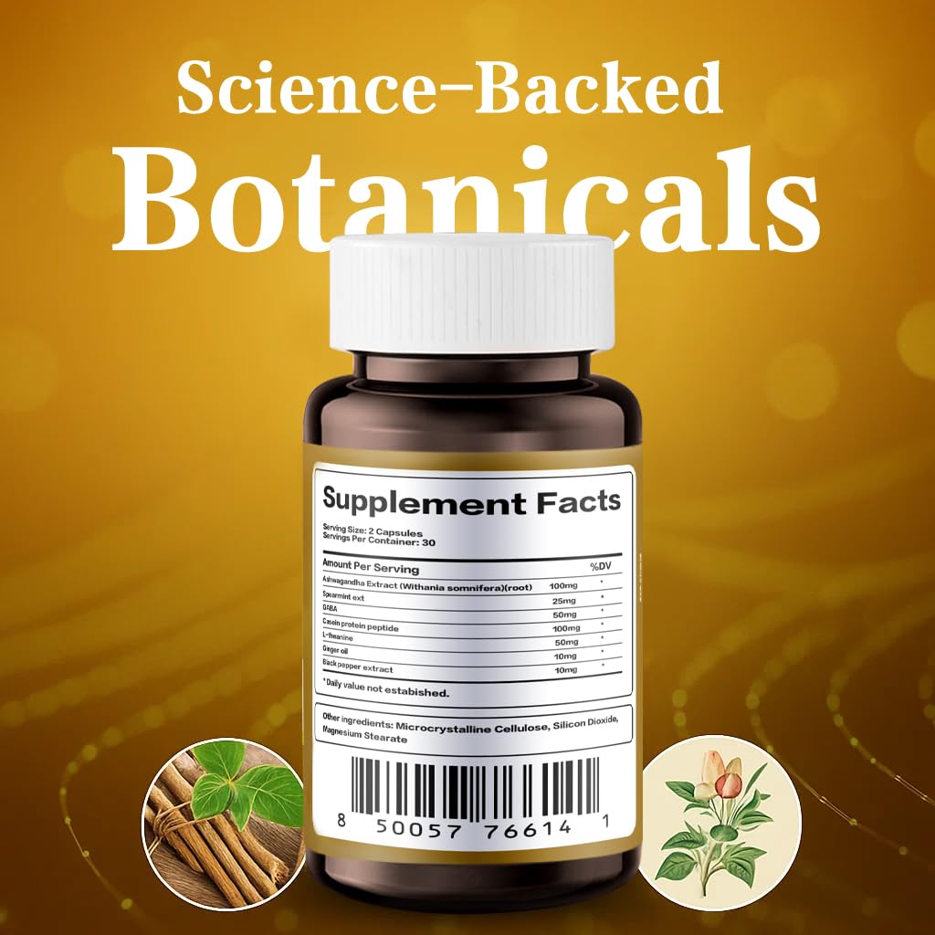HOPE LIFE Herbal Mood & Sleep Support - Contains Ashwagandha, Spearmint Ext, GABA, Casein Protein Peptide, L-Theanine, Ginger Oil, Black Pepper Extract - Non-GMO, Soy-Free & Gluten-Free, 60 Capsules