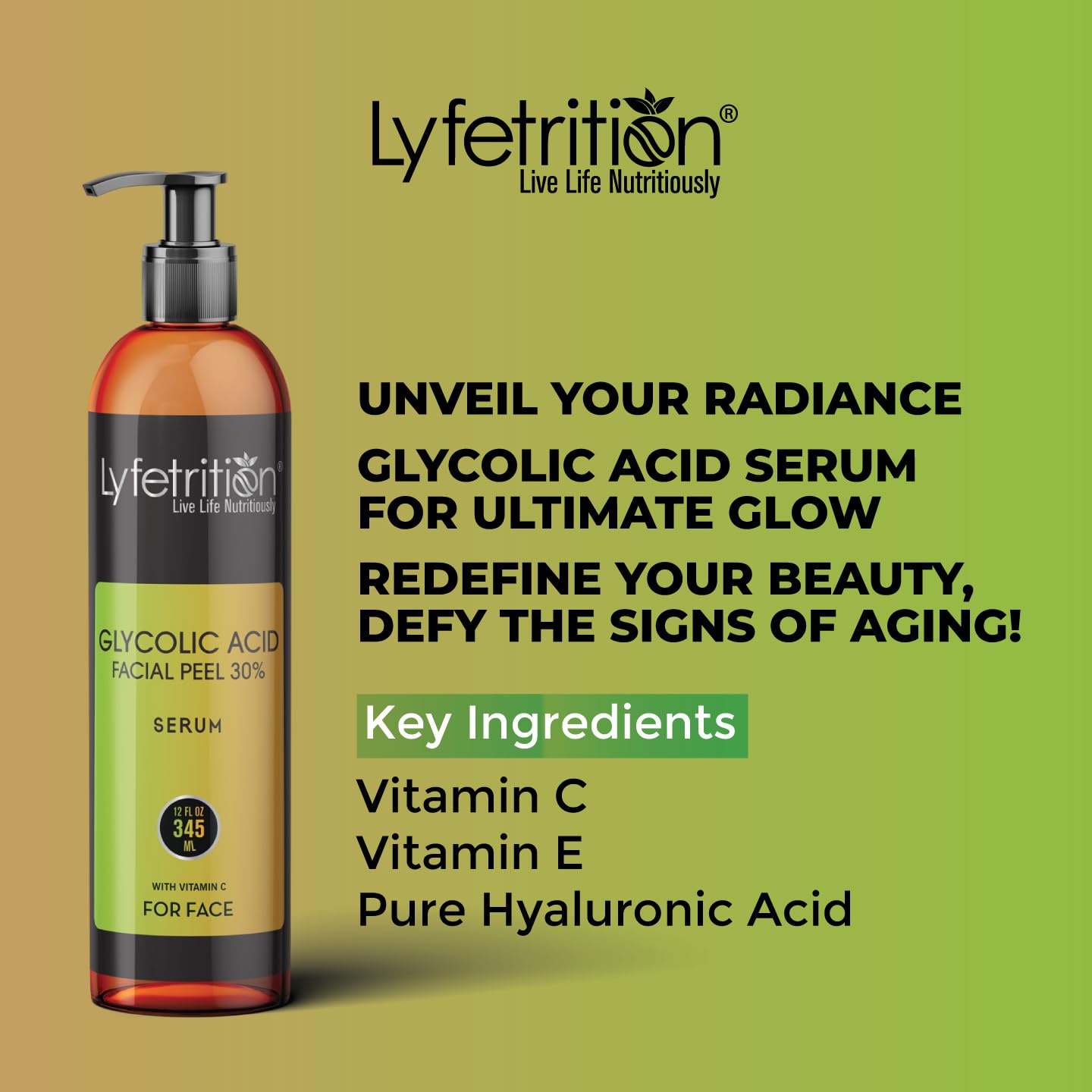 Lyfetrition Glycolic Acid/AHA 30% Renewal Serum, infused with Vitamins C & E for Skin Brightening, Exfoliating Serum Works for Dark Spots, Acne, and Reduces Fine Lines & Wrinkles - (12 Fl Oz)