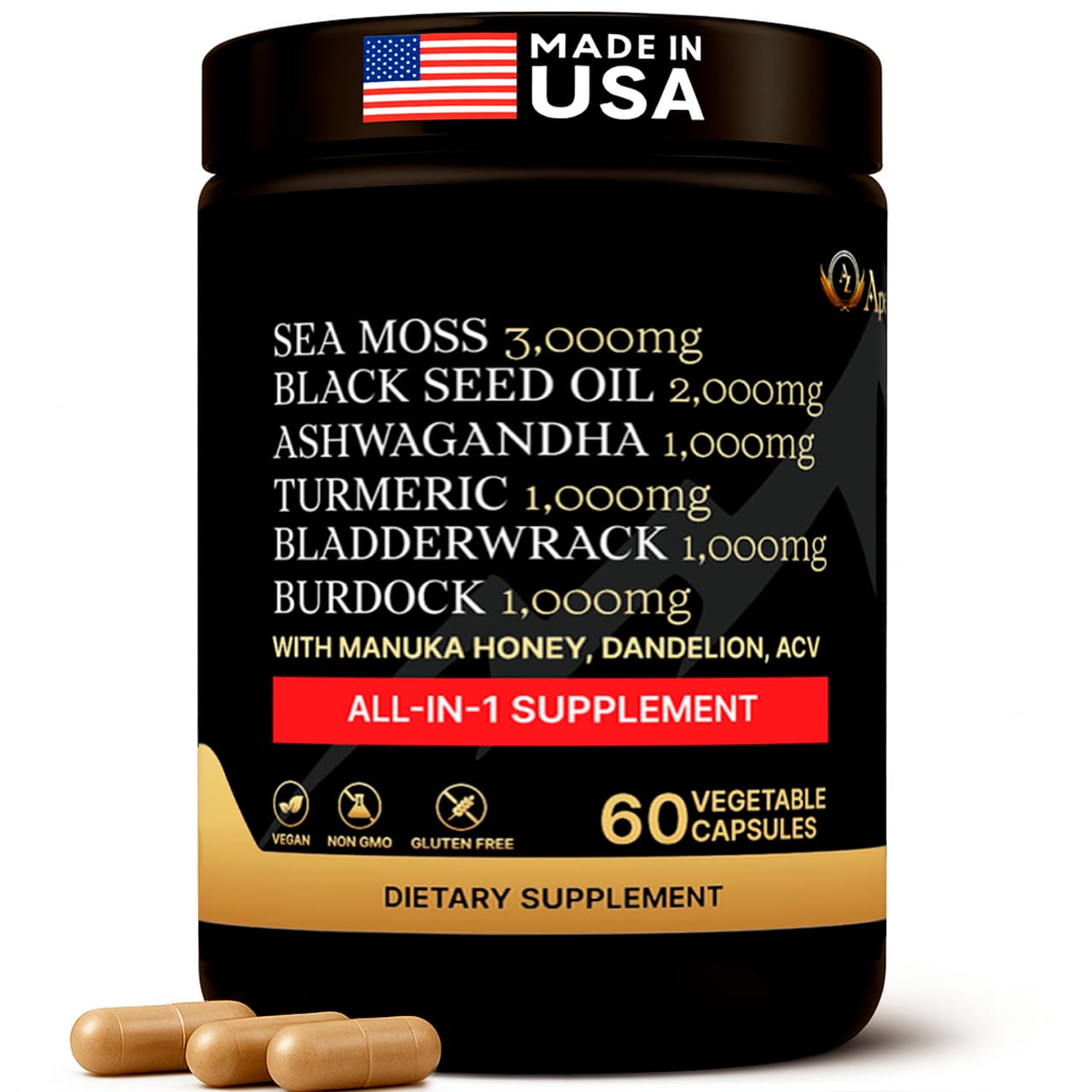 AZ ApexZone Sea Moss Capsules - Health Supplements - True Seamoss Black Seed Oil Ashwagandha Burdock Root, Tumeric Supplement with Manuka Honey, Dandelion Root ACV - 60 Capsules