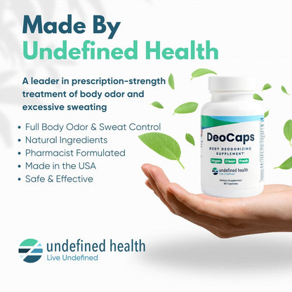 DeoCaps Whole Body Deodorizing Supplement - 100% Natural Internal Deodorant + Sweat Relief - Body Odor Pills Reduce Odor In Underarms, Intimate Areas & Feet - Body Deodorant Capsules - 60 Capsules