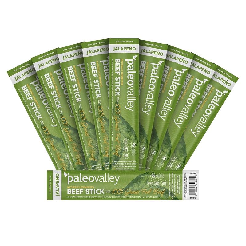 Paleovalley 100% Grass Fed Jalapeno Beef Sticks - Delicious Gluten Free Beef Snack - High Protein Keto Friendly