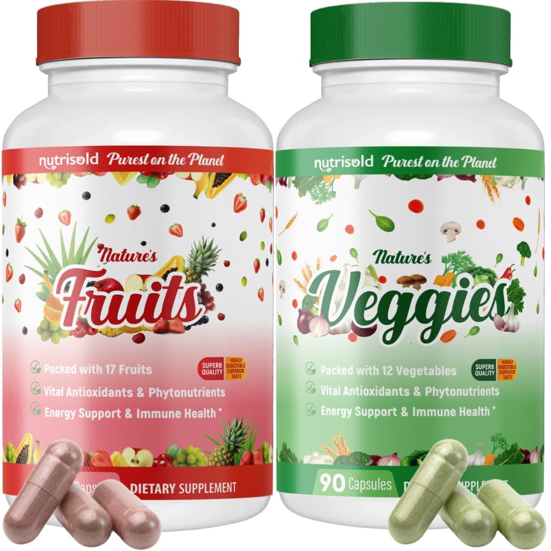 Nutrisold Whole Food Fruits & Vegetables Supplement – Superfood Blend for Energy, Digestion & Immune Support – 90 Fruit & 90 Veggie Capsules – Made in USA