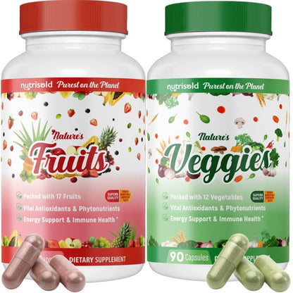 Nutrisold Whole Food Fruits & Vegetables Supplement – Superfood Blend for Energy, Digestion & Immune Support – 90 Fruit & 90 Veggie Capsules – Made in USA