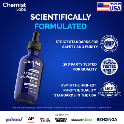 Chemist Labs Methylene Blue Drops Pharmaceutical Grade - 99% Purity USP Grade, Blue Methylene, Cellular & Mitochondrial Support, Third-Party Tested, Made in USA, 2oz