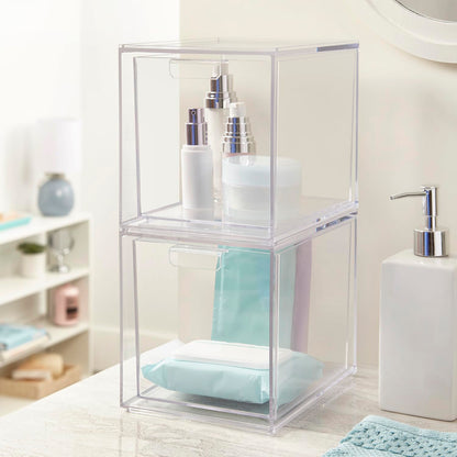 STORi Audrey Stackable Bin Clear Plastic Organizer Drawers | 2 Piece Set | Organize Cosmetics and Beauty Supplies on a Vanity | Made in USA