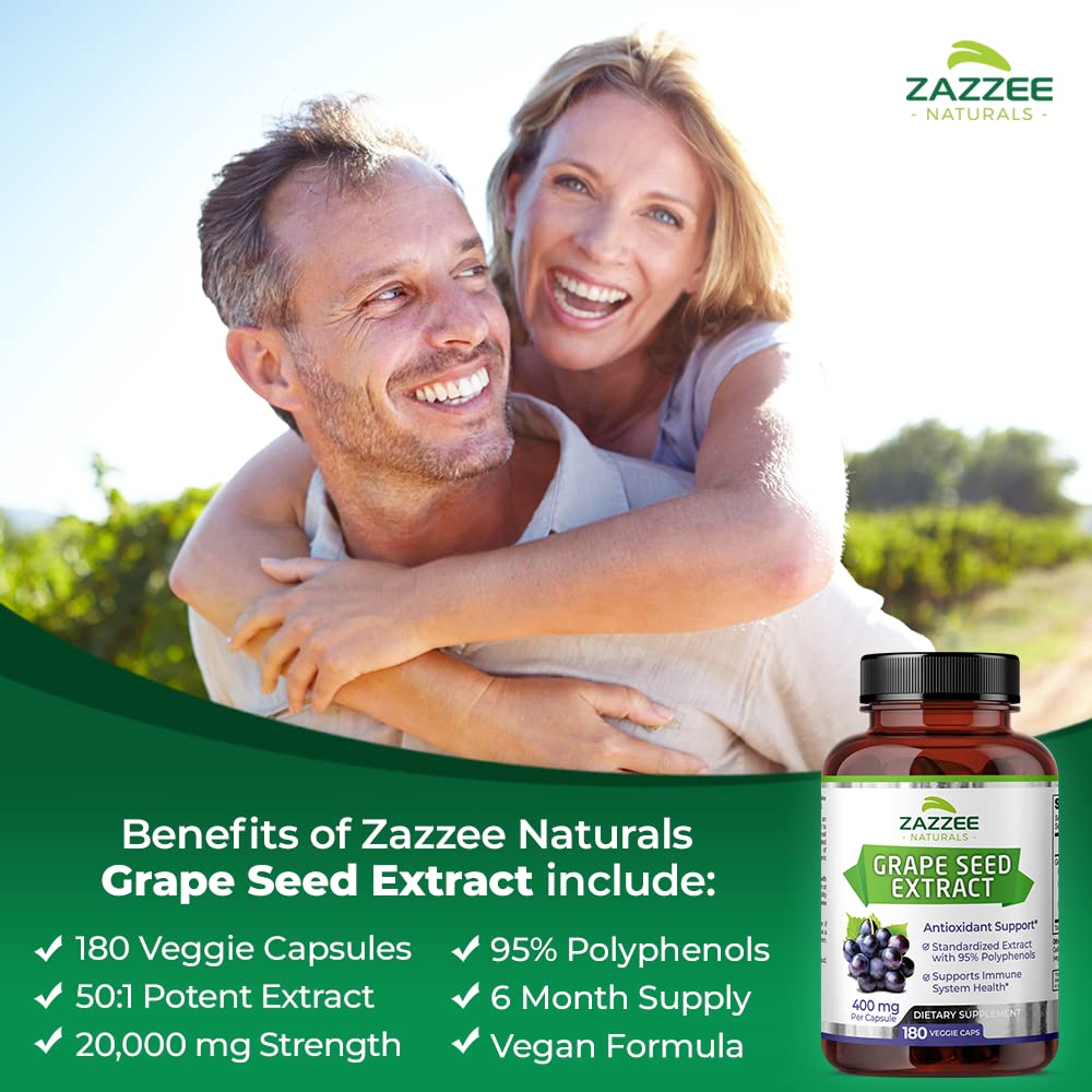 Zazzee High Strength Grape Seed 50:1 Extract, 180 Vegan Capsules, 95% Polyphenols, 400 mg per Capsule, 6 Month Supply, Standardized and Concentrated 50X Extract, Non-GMO, Made in The USA