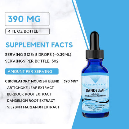 Absonutrix DandeLeaf, 390 mg, 4 FL OZ Liquid, 302 Servings, Made in USA, Potent Plant-Based Ingredients, Artichoke Leaf, Dandelion Root Extract, Gluten-Free, Non-GMO, GMP Certified