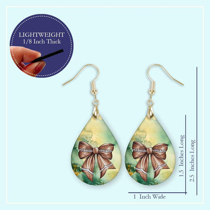 Football Dangle Earrings Green Gold Coquette Bow Teardrop 2.5 Inches Long Lightweight Double-Sided Design Handmade by The Painted Pug