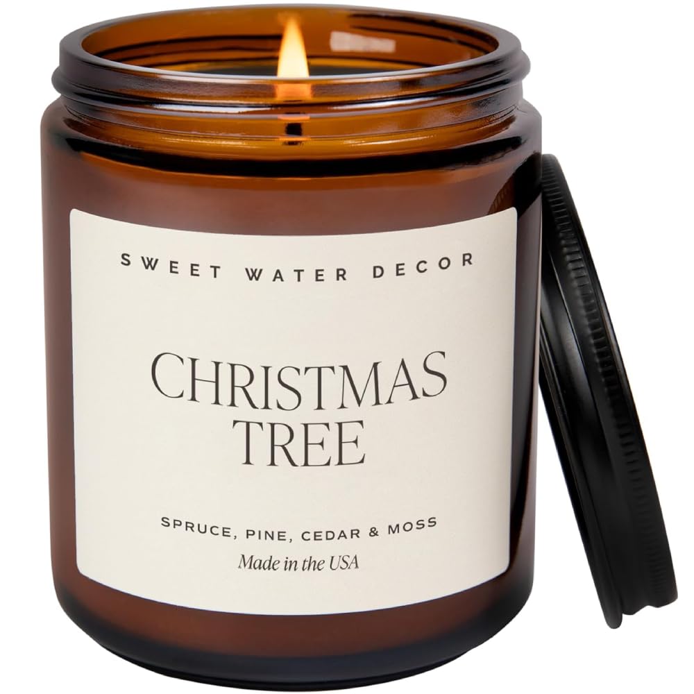 Sweet Water Decor Christmas Tree Candle - Pine Needles, Cedarwood, Cypress, and Evergreen Soy Holiday Scented Candles for Home - 9oz Amber Jar Candle, 40+ Hour Burn Time, Made in The USA