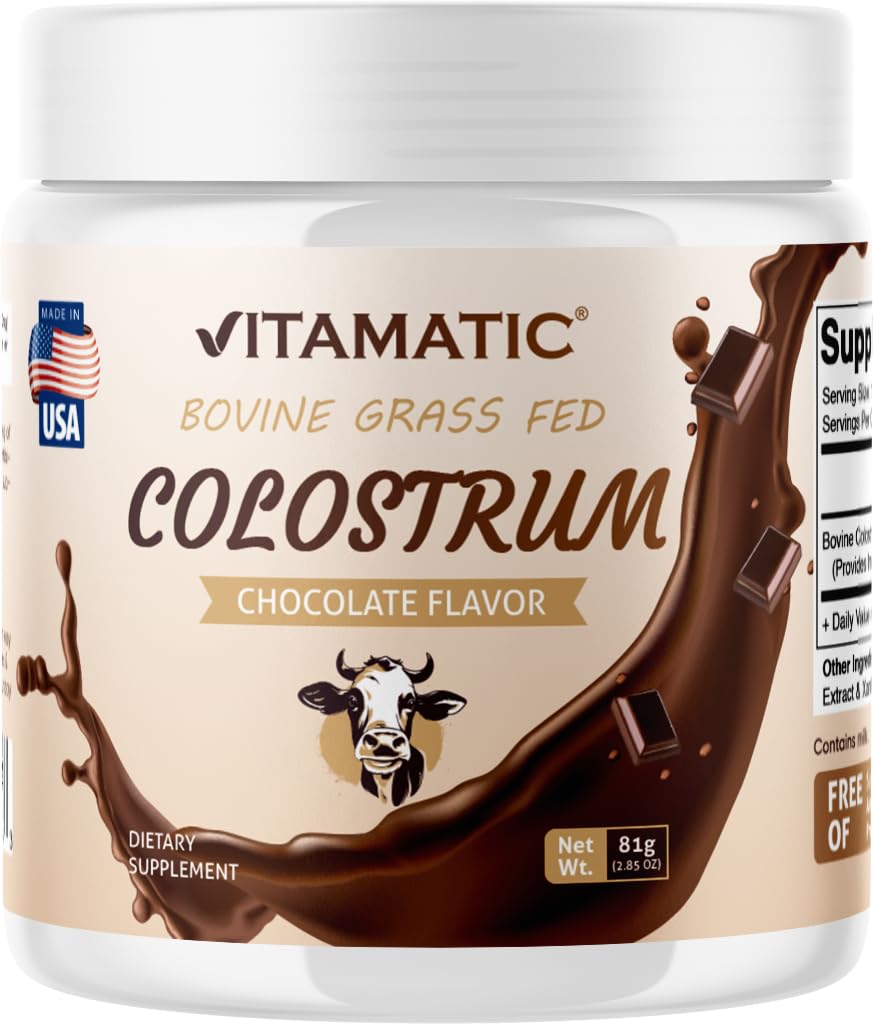 Vitamatic Bovine Colostrum Powder - Supplement for Gut Health, Hair Growth, Beauty, Muscle Recovery, & Immune Support - Easy to Mix - 30 Servings (30 Servings, Chocolate)