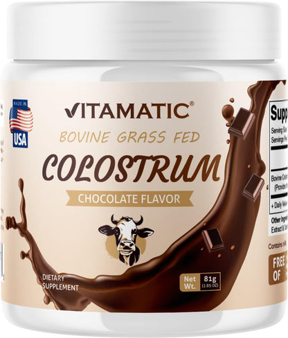 Vitamatic Bovine Colostrum Powder - Supplement for Gut Health, Hair Growth, Beauty, Muscle Recovery, & Immune Support - Easy to Mix - 30 Servings (30 Servings, Chocolate)