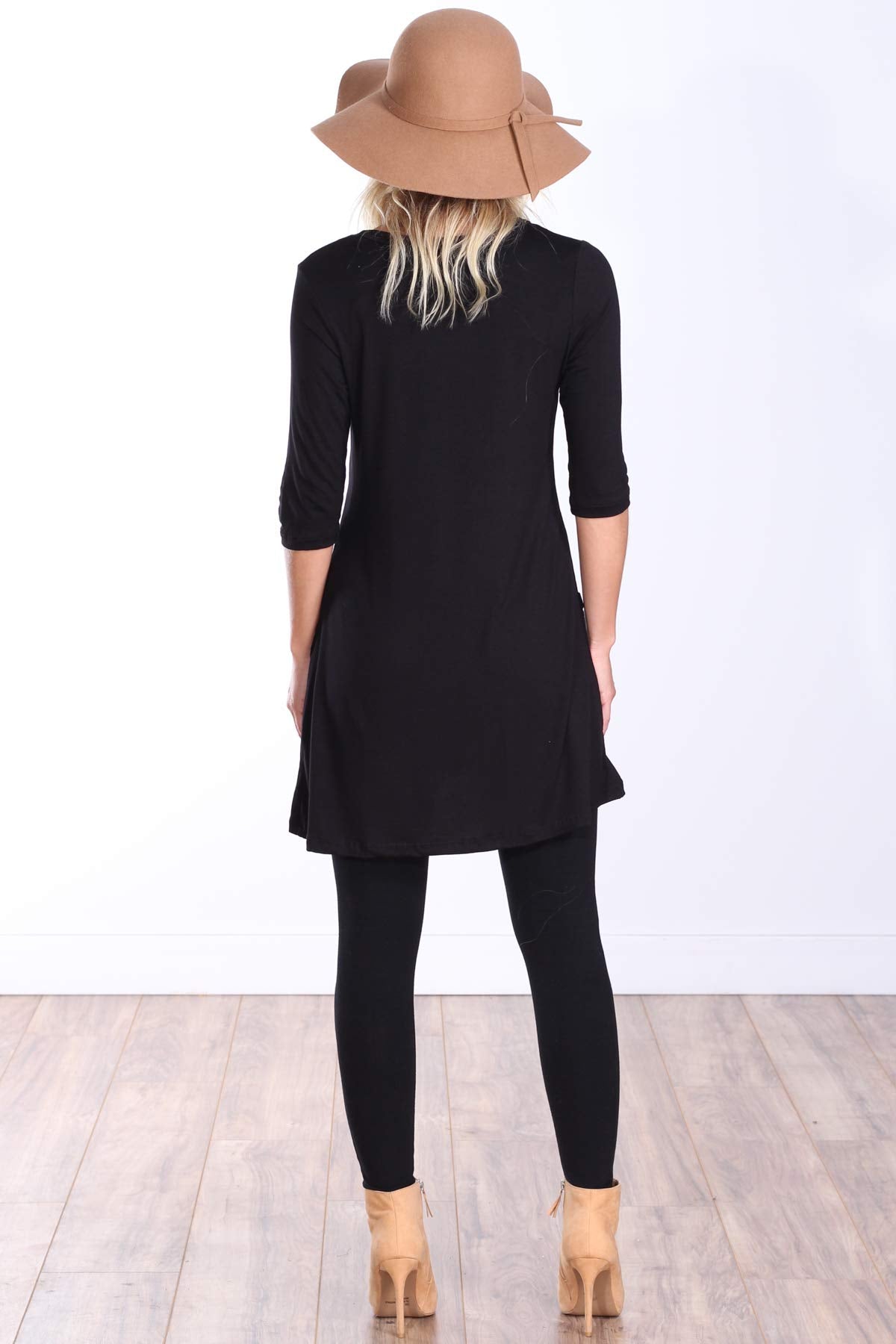 Popana Womens 3/4 Sleeve Tunic Top with Pockets for Leggings Made in USA Black