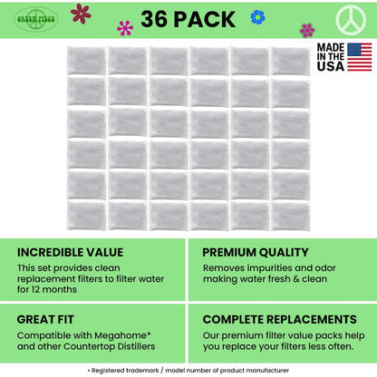 Green Piece® Activated Charcoal Water Filter Replacements (Made in USA) - Great for Megahome and Other Countertop Water Distillers - Deluxe Version
