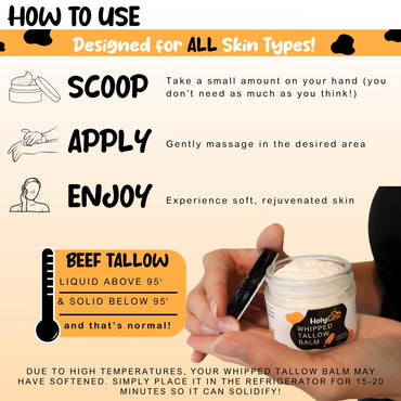 HolyCow Beef Tallow For Skin - Whipped Tallow Balm with Organic Jojoba Oil (Orange Vanilla), Grass Fed Beef Tallow Face Moisturizer for Eczema, Baby, Lip Balm - Lotion For Extremely Dry Skin