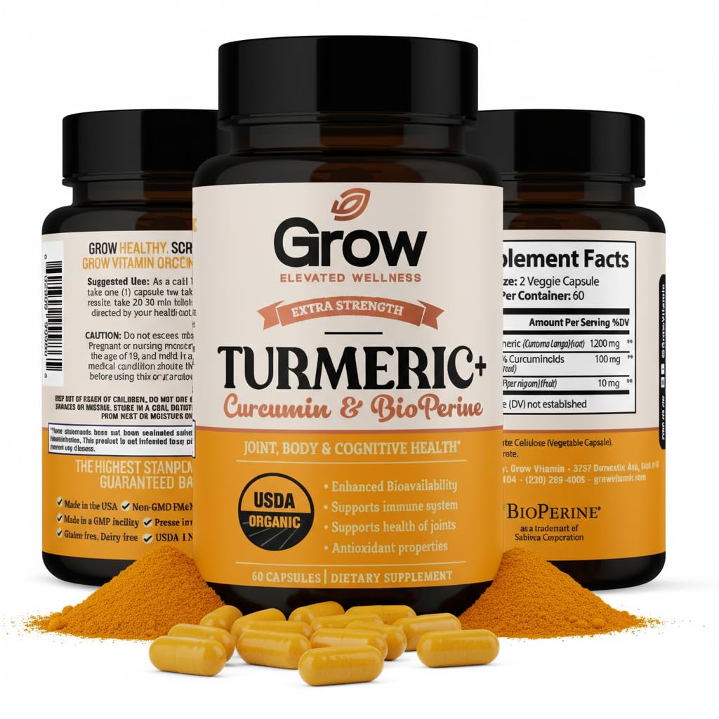Grow Vitamin Curcumin+ Ultra: Organic High-Potency Blend | Maximum Strength Turmeric Formula with 95% Curcuminoids | USDA Certified | 30-Day Supply