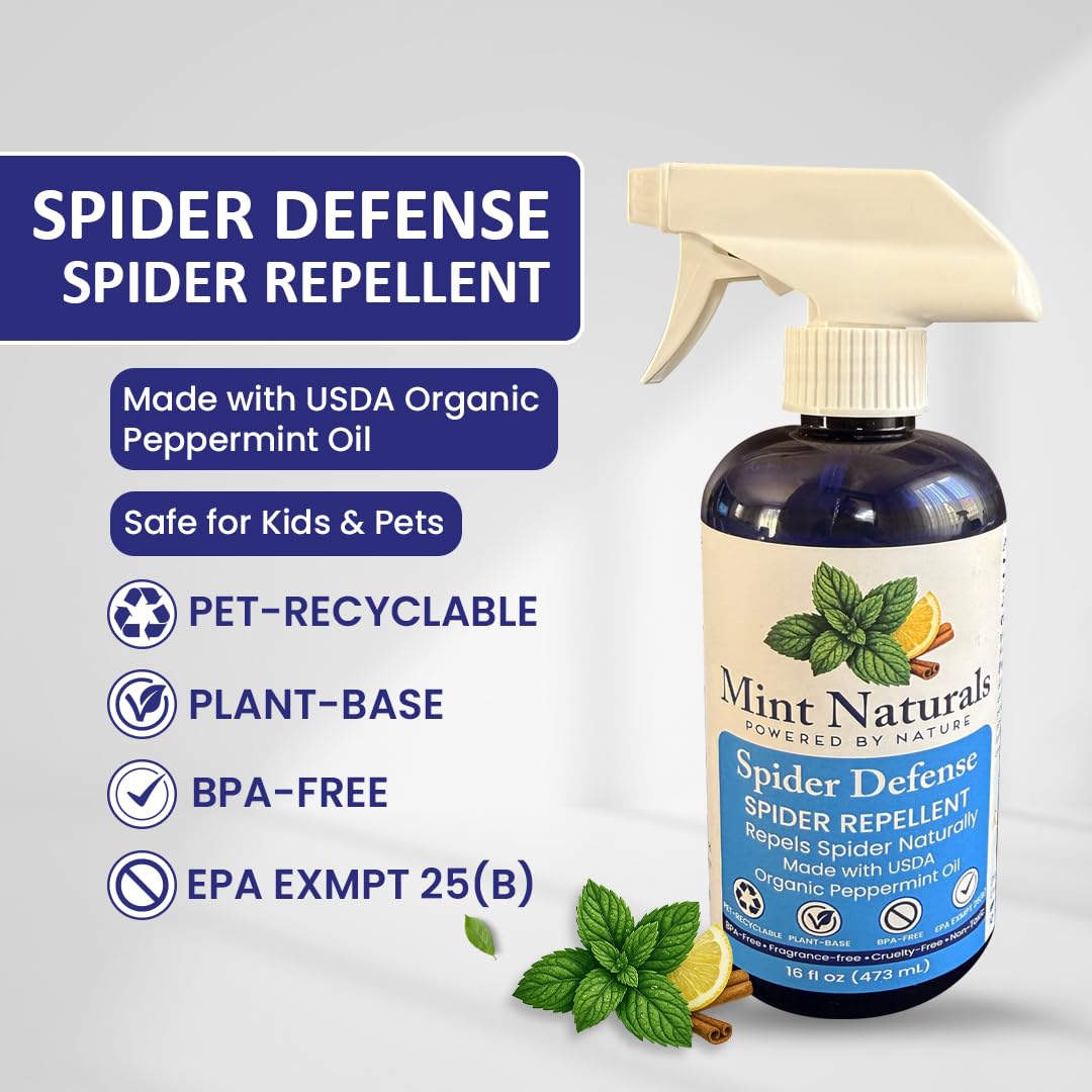 Mint Naturals Spider Defense Spray – USDA Organic Peppermint Oil Scent for Indoor Areas, Offices, Garages, RVs & Cabins – Plant-Based Mint Home Spray for Storage & Entry Points – 16 oz USA